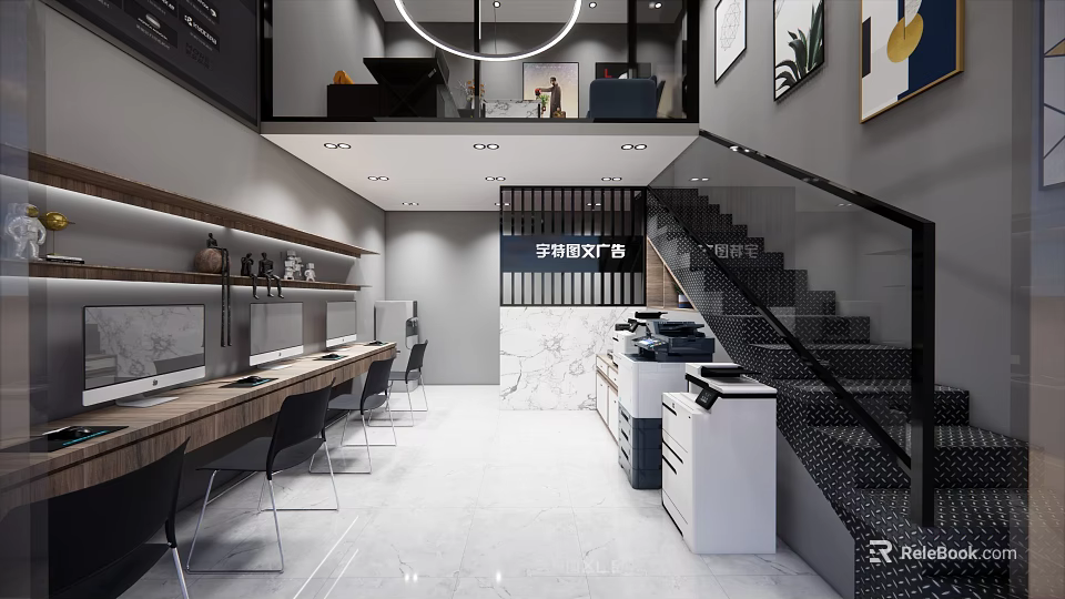 Modern Open Public Office Space Interior With Workstations Printers And Marble Walls 3d model 