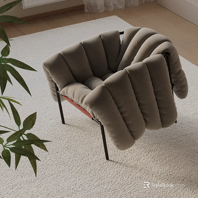 Modern Gray Leisure Chair with Curved Cushion Metal Legs and Green Plant on Carpet 3d model 