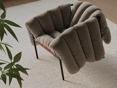 Modern Gray Leisure Chair with Curved Cushion Metal Legs and Green Plant on Carpet 3d model