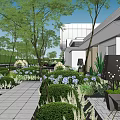 Garden Landscape Design With Trees Pathway Chairs Bicycle And Arched Structure
