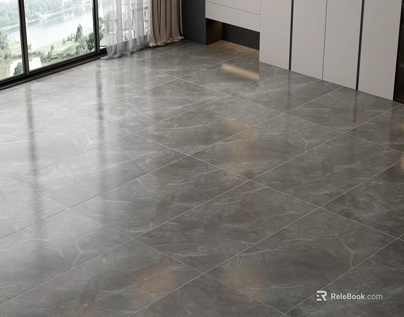 Grey Marble Floor Tiles In Modern Interior With Large Windows 3d model
