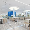 Spacious Cafeteria Interior With Long Tables Chairs And Marble Floor Design 3d model
