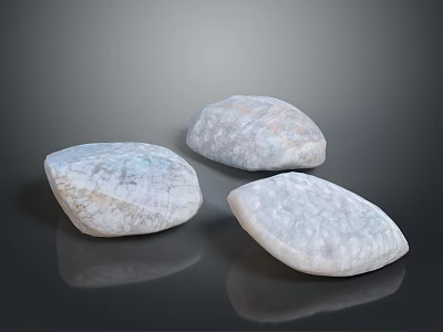 Three White Textured Natural Stone Materials On Black Reflective Surface 3d model