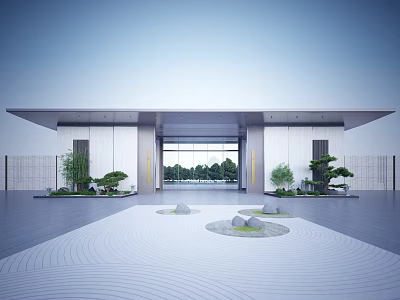 Modern Entrance Gate Design With Spacious Courtyard Stone Pathway And Green Plants 3d model