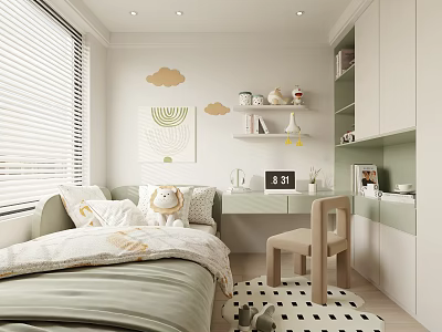 Kids Room Interior Design With Bed Window Blinds Cloud Decorations Desk Chair And Shelves 3d model