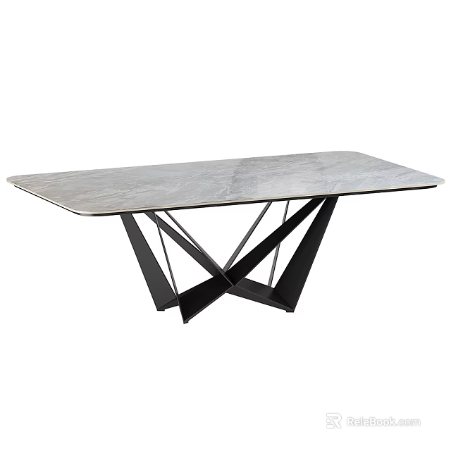 Modern Dining Table With Gray Marble Top And Black Geometric Cross Legs 3d model 