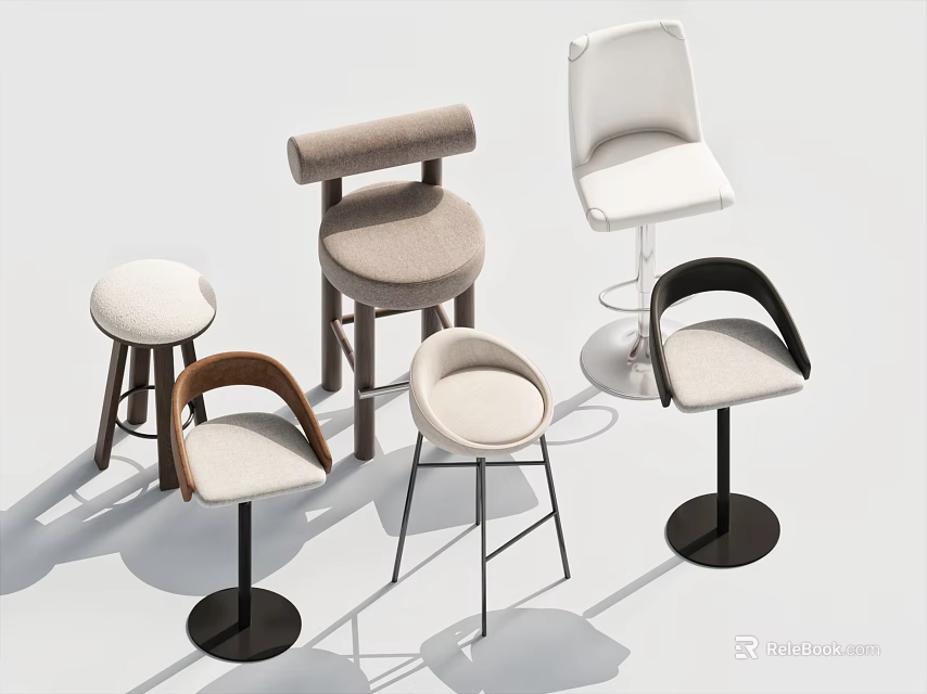 Modern Bar Stools In Various Styles With Upholstered Seats And Metal Bases 3d model 