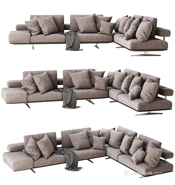 Gray Sectional Sofa With Multiple Soft Cushions And Cozy Throw Blanket 3d model