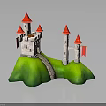 Castle Building With Red Spires White Walls Green Base And Stone Path Flags 3d model