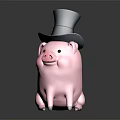 Pink Pig Stuffed Doll Wearing Black Top Hat On Dark Reflective Background Surface