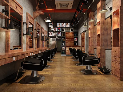 Vintage Hair Salon Interior Design With Black Barber Chairs Wooden Walls And Mirrors 3d model