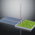Miniature Roadway Scene With Red White Striped Barriers And Green Grass Area