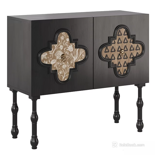 Black Wooden Dresser With Decorative Floral Pattern Panels And Carved Legs 3d model 