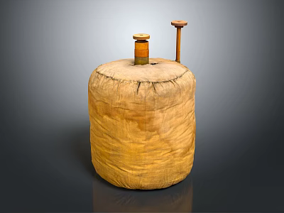 Traditional Cloth Wrapped Cylindrical Container With Wooden Stoppers On Vintage Storage Vessel 3d model