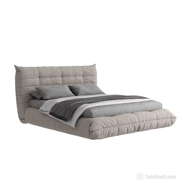Modern Minimalist Gray Double Bed With Upholstered Headboard And Bedspread 3d model