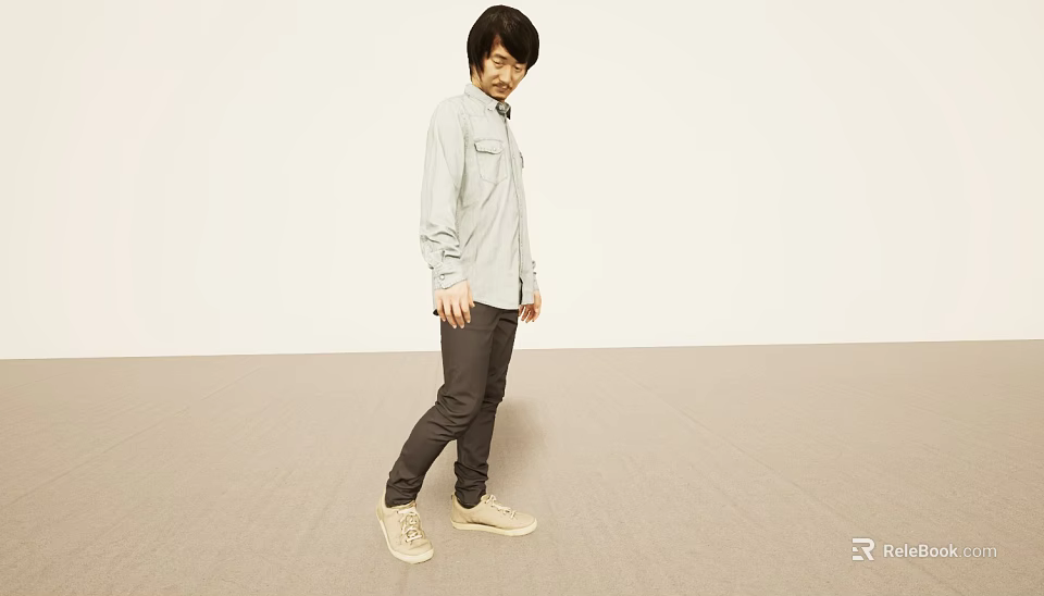 Man In Light Gray Shirt Dark Gray Pants Beige Sneakers In Minimal Space 3d model 