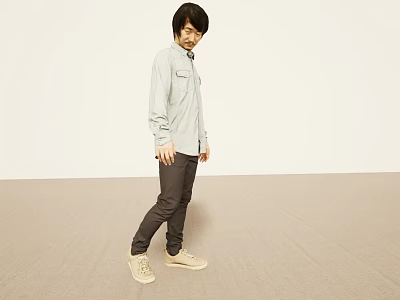 Man In Light Gray Shirt Dark Gray Pants Beige Sneakers In Minimal Space 3d model