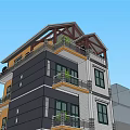 Modern Multi Story Building With Red Roof Yellow Grey White Facade Balconies And Windows