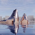 Silver Whale Sculptures in Water with Reflections Blue Sky and White Cube Buildings Background