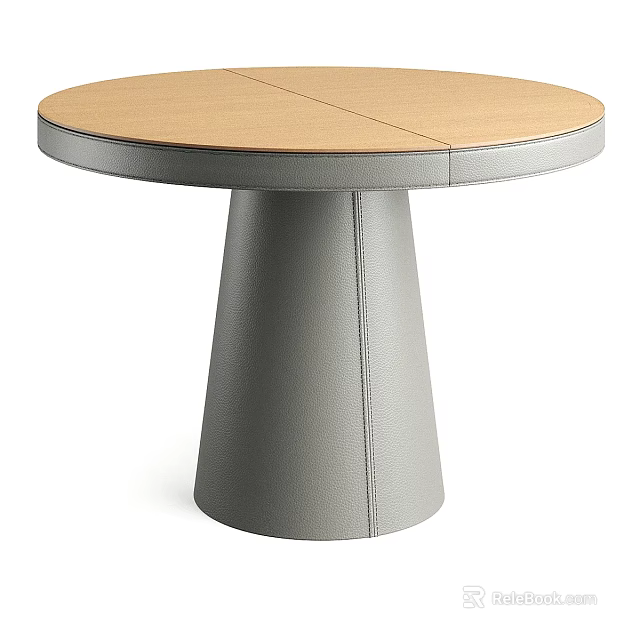 Modern Round Side Table With Wooden Top Seam And Gray Conical Stitched Leg 3d model 