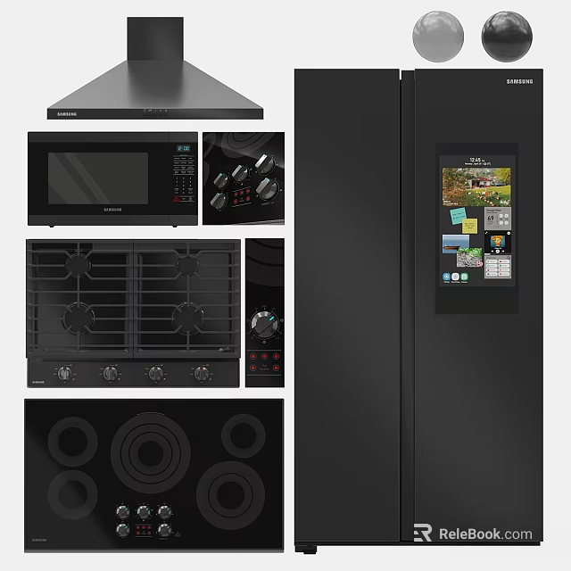 Modern Kitchen Appliances Range Hood Microwave Gas Stove Control Panel Smart Refrigerator with Screen 3d model 