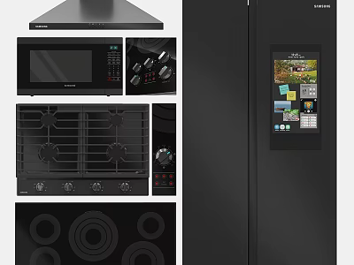 Modern Kitchen Appliances Range Hood Microwave Gas Stove Control Panel Smart Refrigerator with Screen 3d model