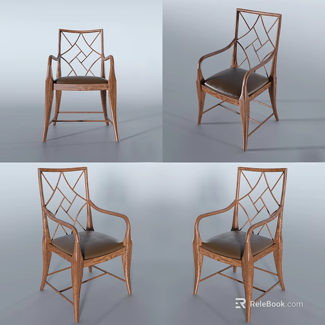 Classic Wooden Dining Chairs With Diamond Pattern Backrest And Leather Seats 3d model 