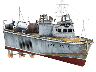 Vintage Warship Model Featuring Gray Hull Red Bottom Wooden Deck Missile Launcher Antenna And Cannons 3d model