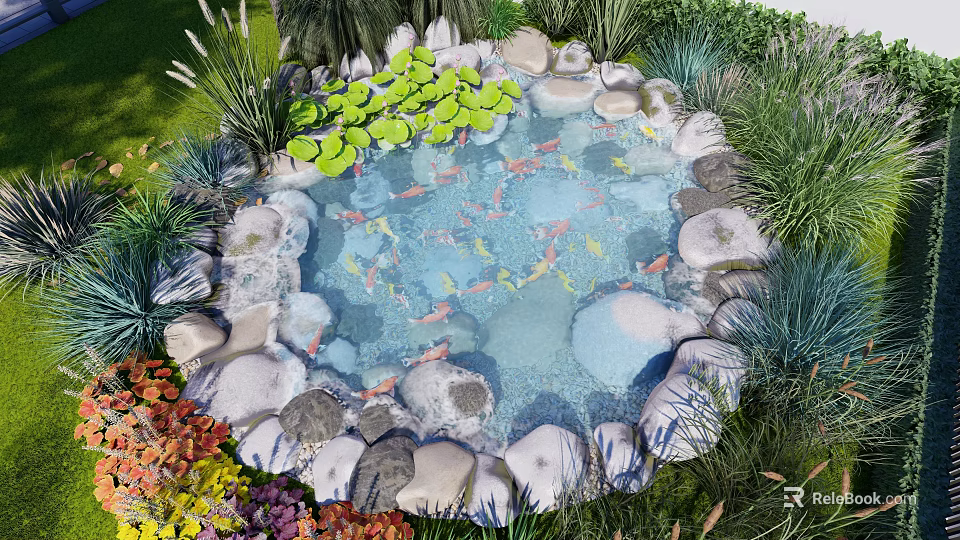 Natural Garden Water Fountain With Koi Fish Lily Pads And Surrounding Rocks 3d model 