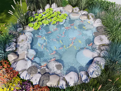 Natural Garden Water Fountain With Koi Fish Lily Pads And Surrounding Rocks 3d model