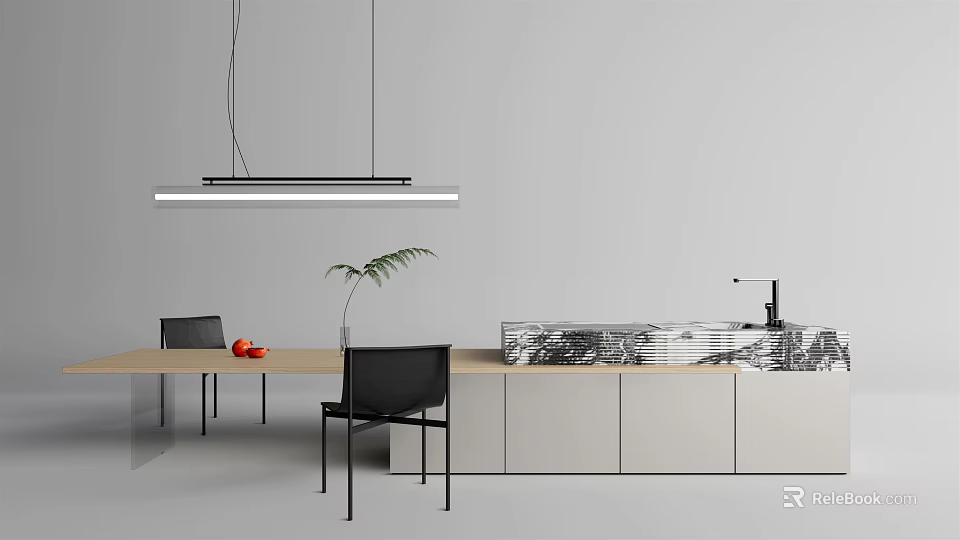 Modern Dining Table Set With Chairs Hanging Light Plant And Cabinets 3d model