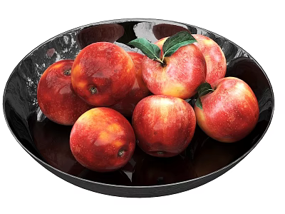 Fresh Juicy Ripe Nectarines in Black Bowl with Green Leaves 3d model