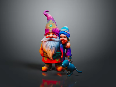Woman Standing with Large Gnome Small Gnome and Blue Puppy in Gray Background 3d model