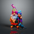 Woman Standing with Large Gnome Small Gnome and Blue Puppy in Gray Background
