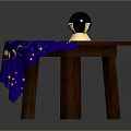 Round Wooden Table With Blue Tablecloth Featuring Yellow Stars And Moon Patterns And Celestial Globe