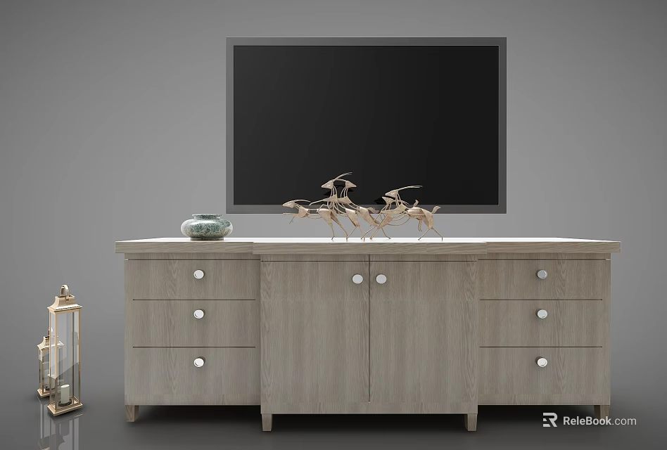 Wooden TV Stand With TV Decorative Items Drawers Cabinets And Side Lantern 3d model 
