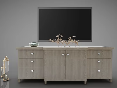Wooden TV Stand With TV Decorative Items Drawers Cabinets And Side Lantern 3d model