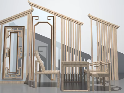 Traditional Chinese Style Interior Design With Wooden Screens Tables And Chairs 3d model