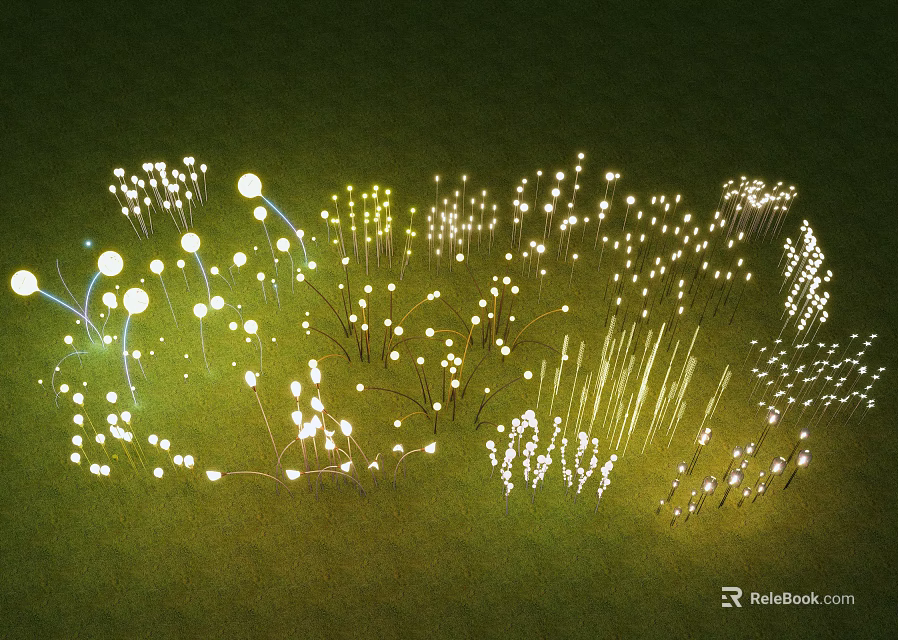 Decorative Outdoor Lights With Various Shapes Arranged On Green Grass Glowing Softly 3d model 