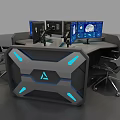 Tech Inspired Office Desk With Hexagonal Design Multiple Monitors And Blue Lights 3d model