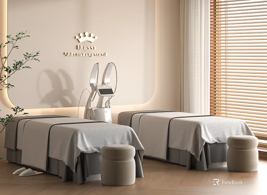Bliss Sanctuary SPA Room Featuring Two Massage Beds Gray Sheets Crown Design Green Plant Blinds 3d model 