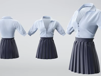 Stylish School Uniform Clothes With Light Blue Collared Shirts And Dark Blue Pleated Skirts 3d model
