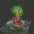 Green Leafy Plant Growing On Tree Root Shaped House With Water Droplets Around Base