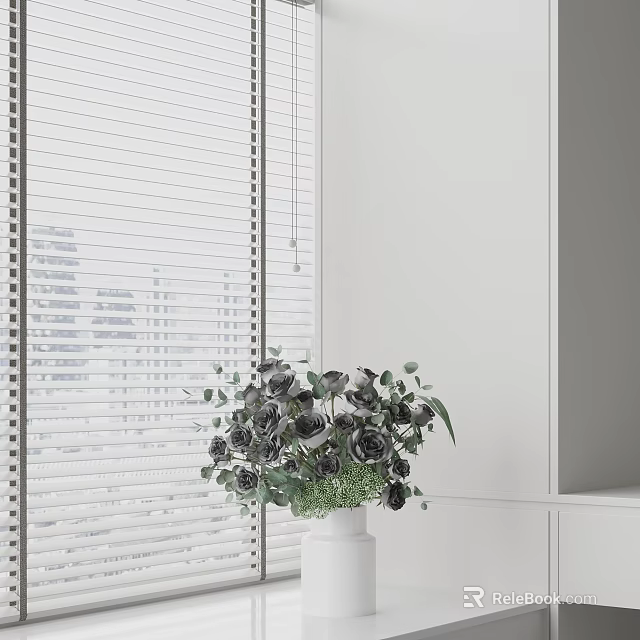 Black Flowers and Green Leaves in White Vase on Tabletop by Window with White Blinds 3d model 