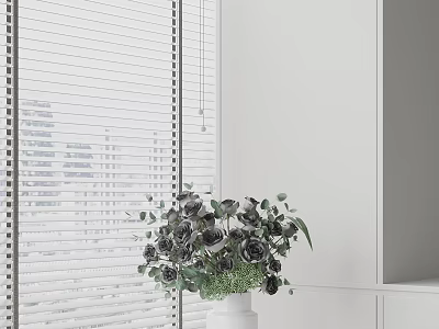Black Flowers and Green Leaves in White Vase on Tabletop by Window with White Blinds 3d model