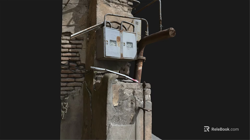 Old Electrical Meter Box Mounted On Weathered Stone Wall With Bricks And Pipes 3d model