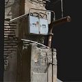 Old Electrical Meter Box Mounted On Weathered Stone Wall With Bricks And Pipes 3d model
