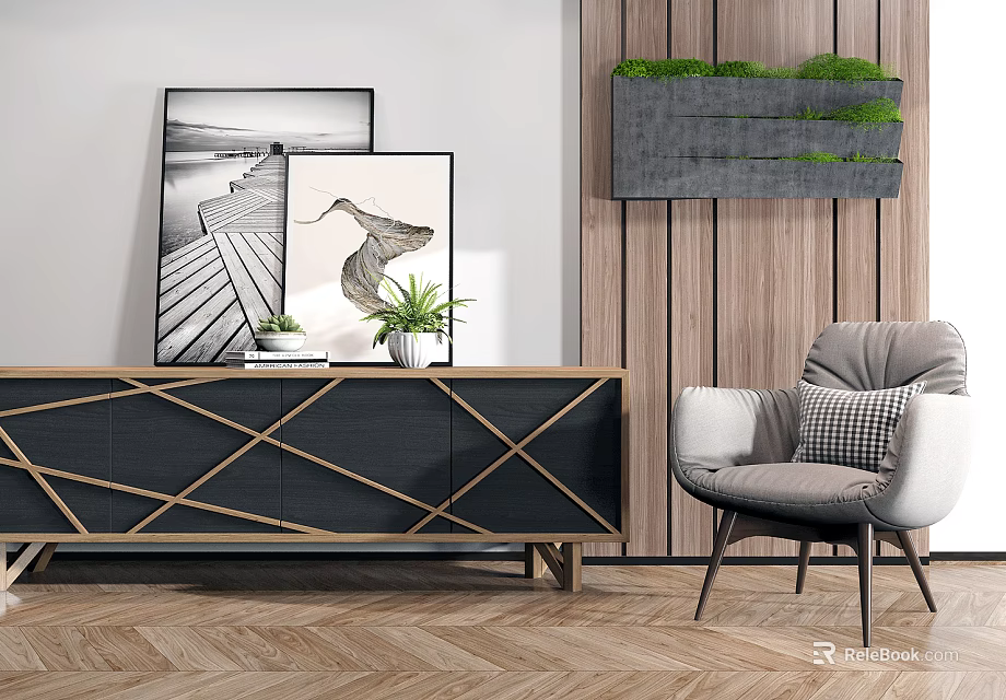 Modern TV Stand With Geometric Gold Lines Grey Chair Paintings Potted Plant And Wooden Wall 3d model 