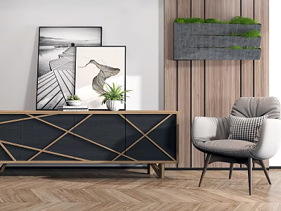 Modern TV Stand With Geometric Gold Lines Grey Chair Paintings Potted Plant And Wooden Wall 3d model