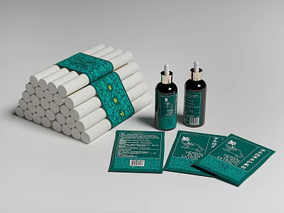 Perfume Cosmetics Set Including White Cylindrical Sticks Green Straps Black Bottles And Green Packaging Cards 3d model